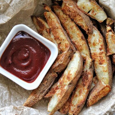 Crispy potato wedges with ketchup