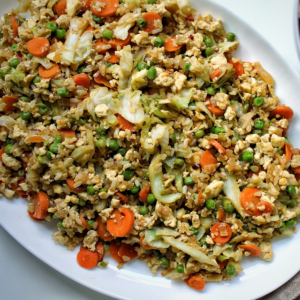 Oil-free "fried" rice with veggies served on a platter