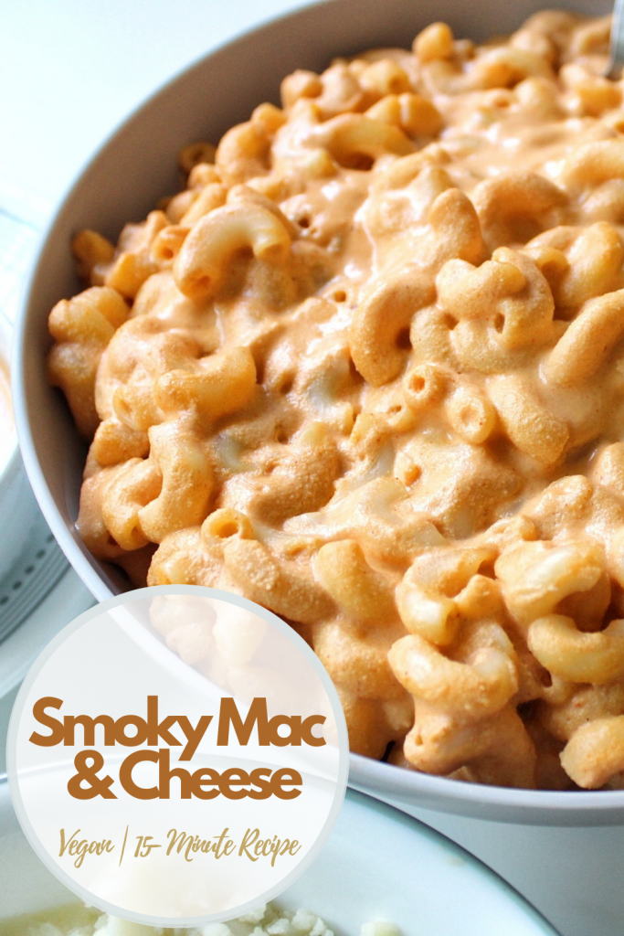Pinnable for Pinterest. Close up to vegan, smoky, plant-based macaronia and cheese