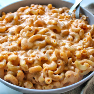 Bowl of vegan macaroni and cheese.