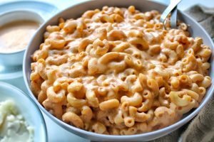 Creamy, smoky mac and cheese in a gray bowl
