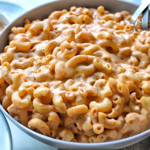 Creamy, smoky mac and cheese in a gray bowl