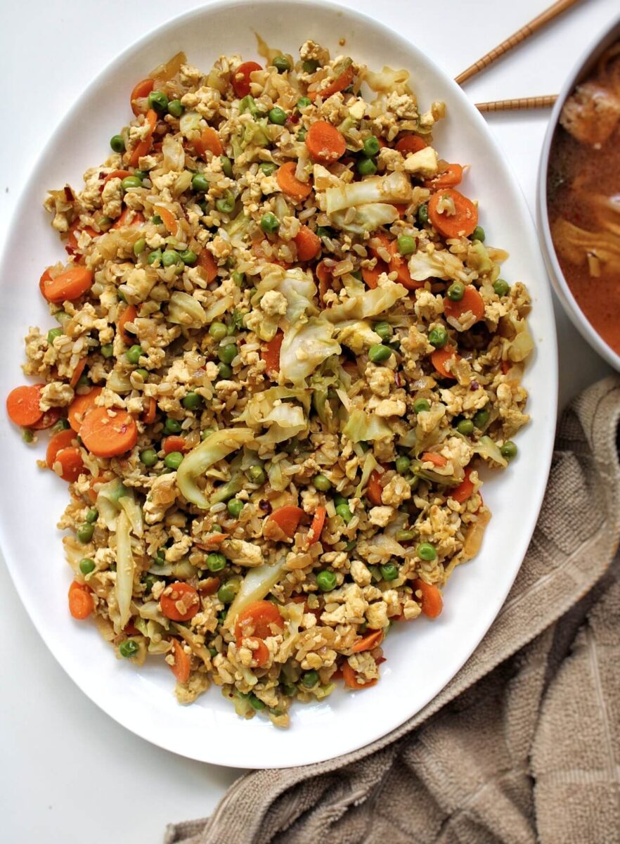 Oil-free vegetable fried rice on a serving platter