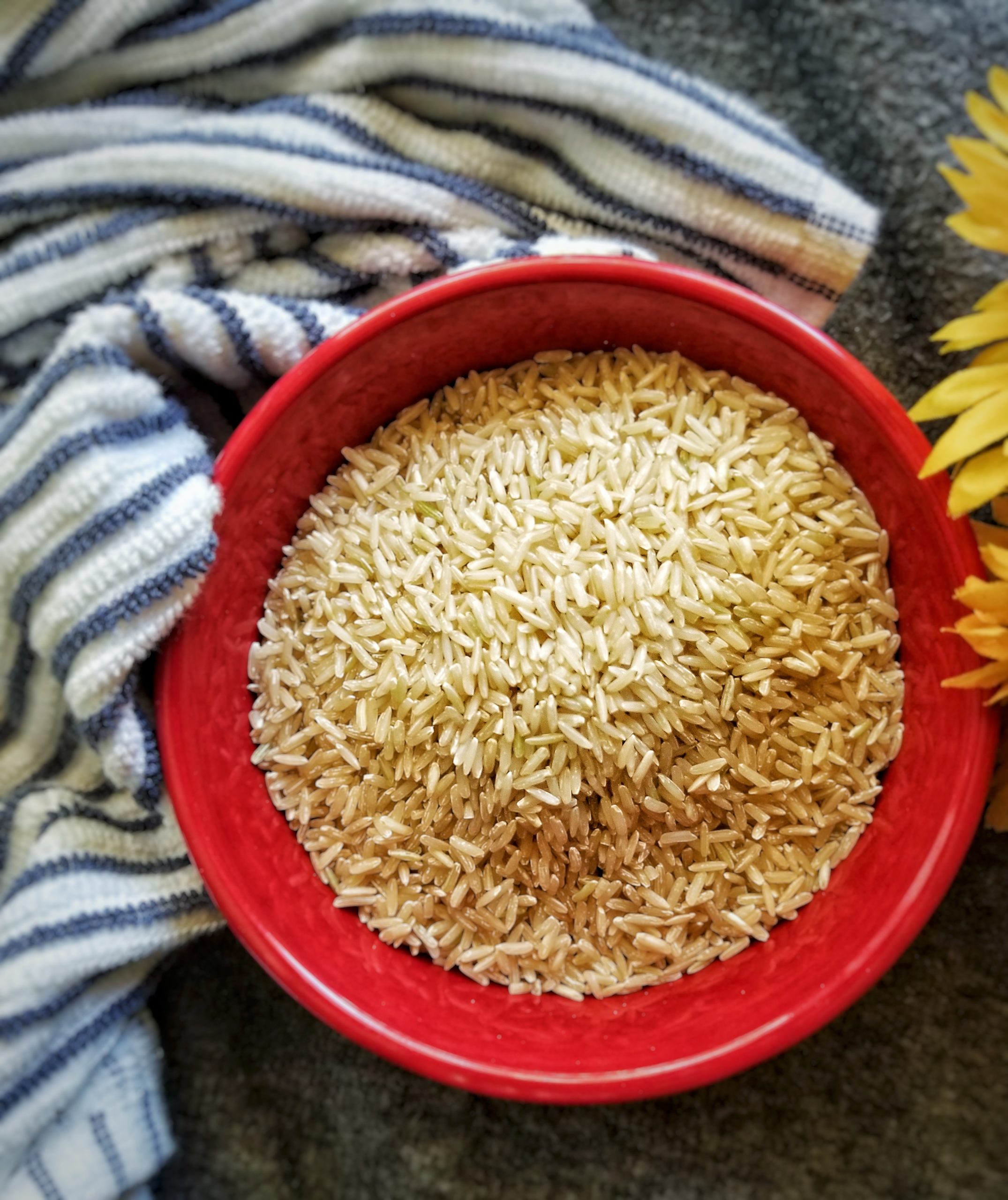 Brown rice in a red bowl