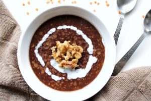Breakfast lentils with cinnamon, brown sugar, nutmeg, coconut milk, walnuts