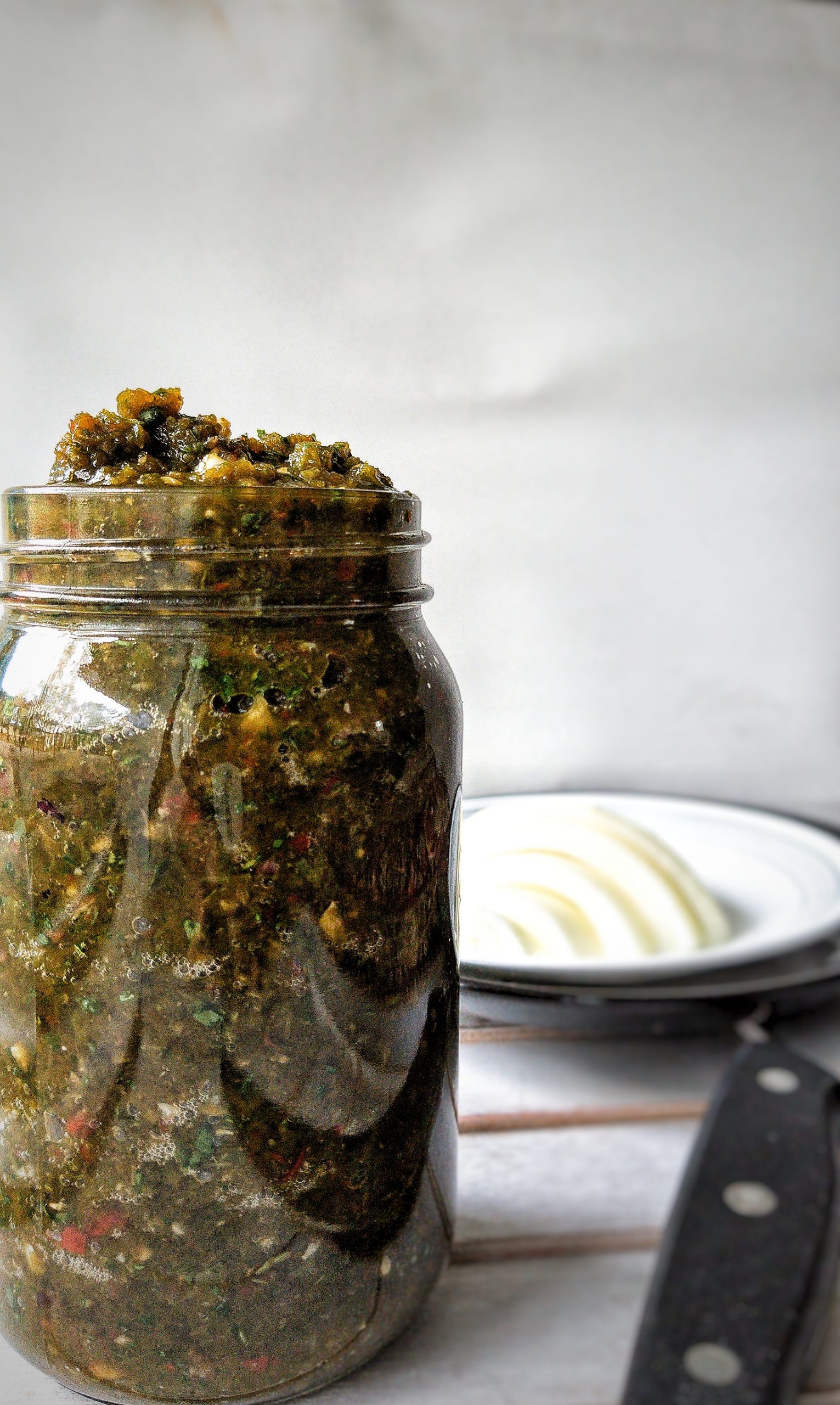 Homemade, Puerto Rican sofrito, a blended vegetables including bell peppers, onion, garlic, and cilantro. Blended and stored in a canning jar.