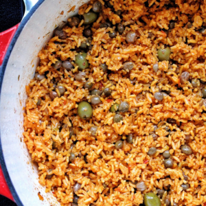 Puerto Rican yellow rice in dutch oven.