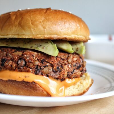 Oil-free, baked black bean rice veggie burger with avocado