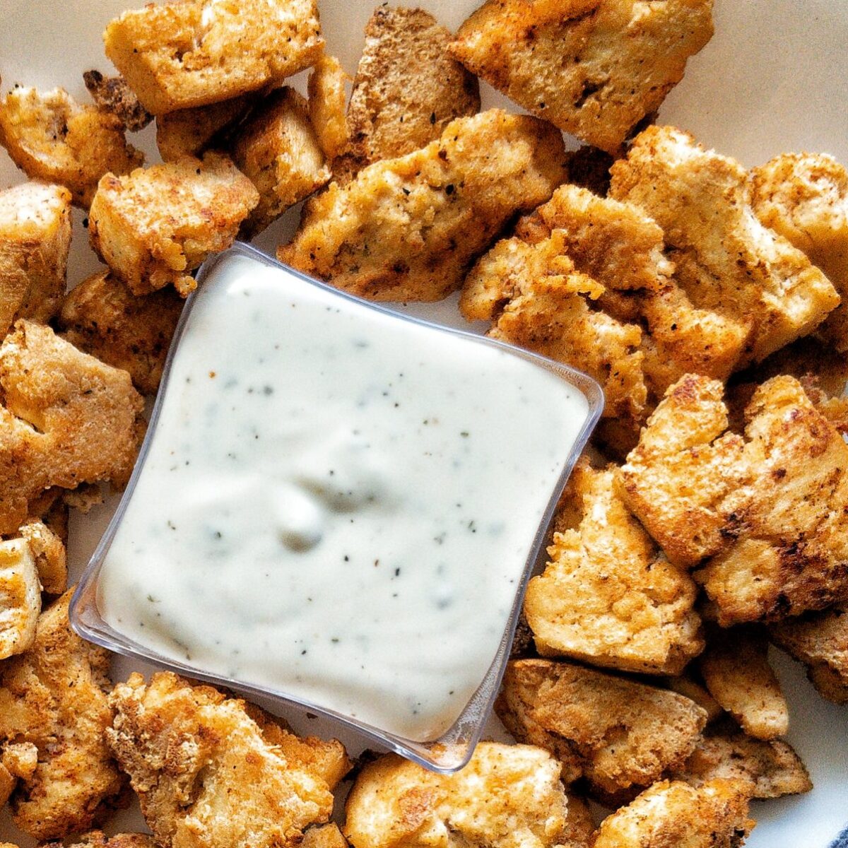 Tofu Chicken chunks on a white platter