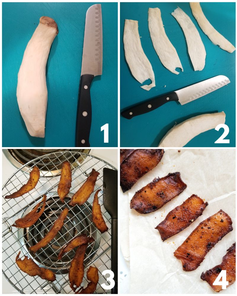 Steps on how to make mushroom bacon. 