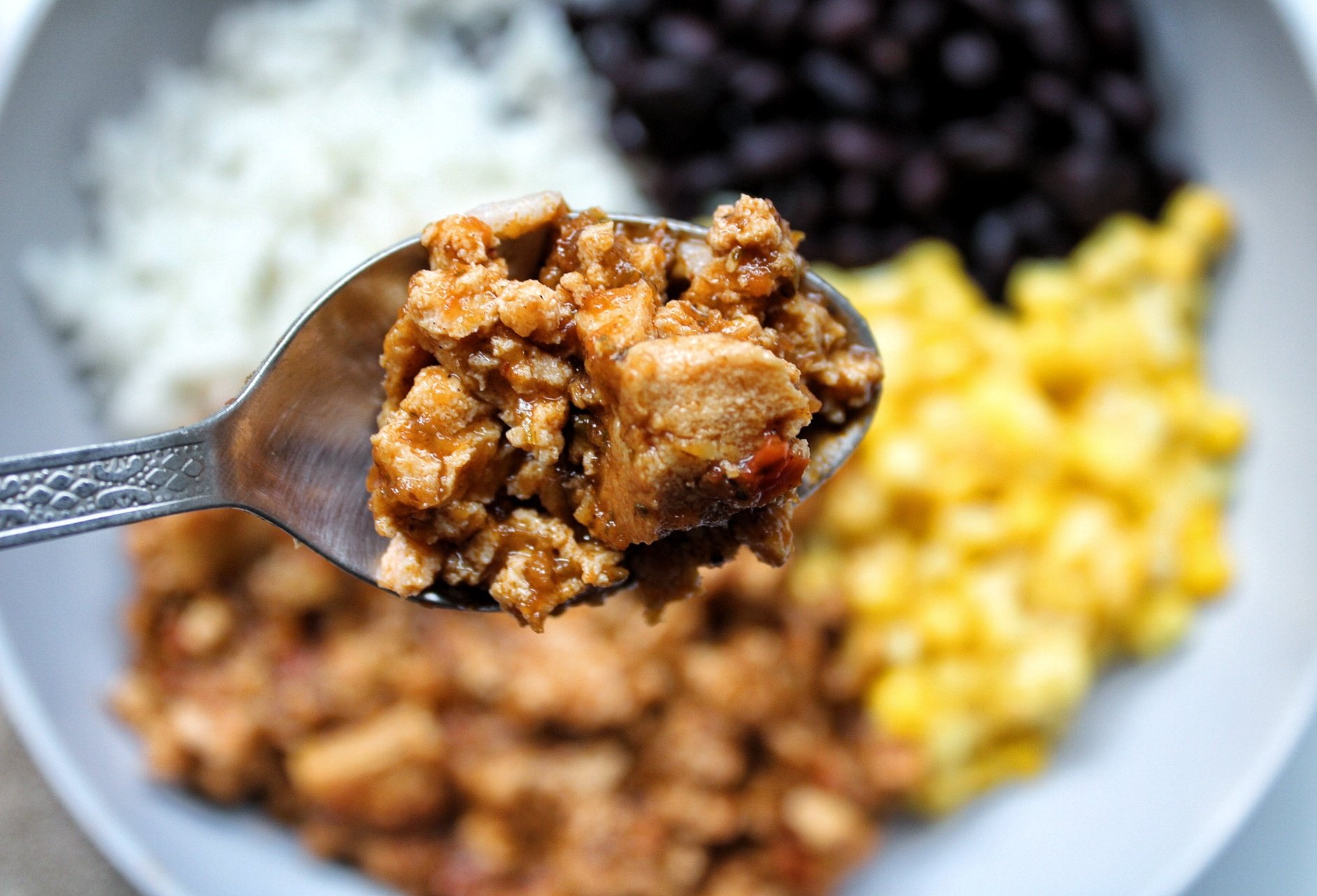 Closeup of homemade sofritas on a spoon