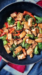 Vegan teriyaki chicken stir fry with plant-based ingredients