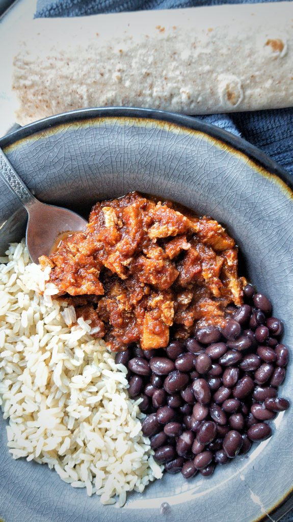 Bowl with Chipotle-style sofritas, black beans, and brown rice