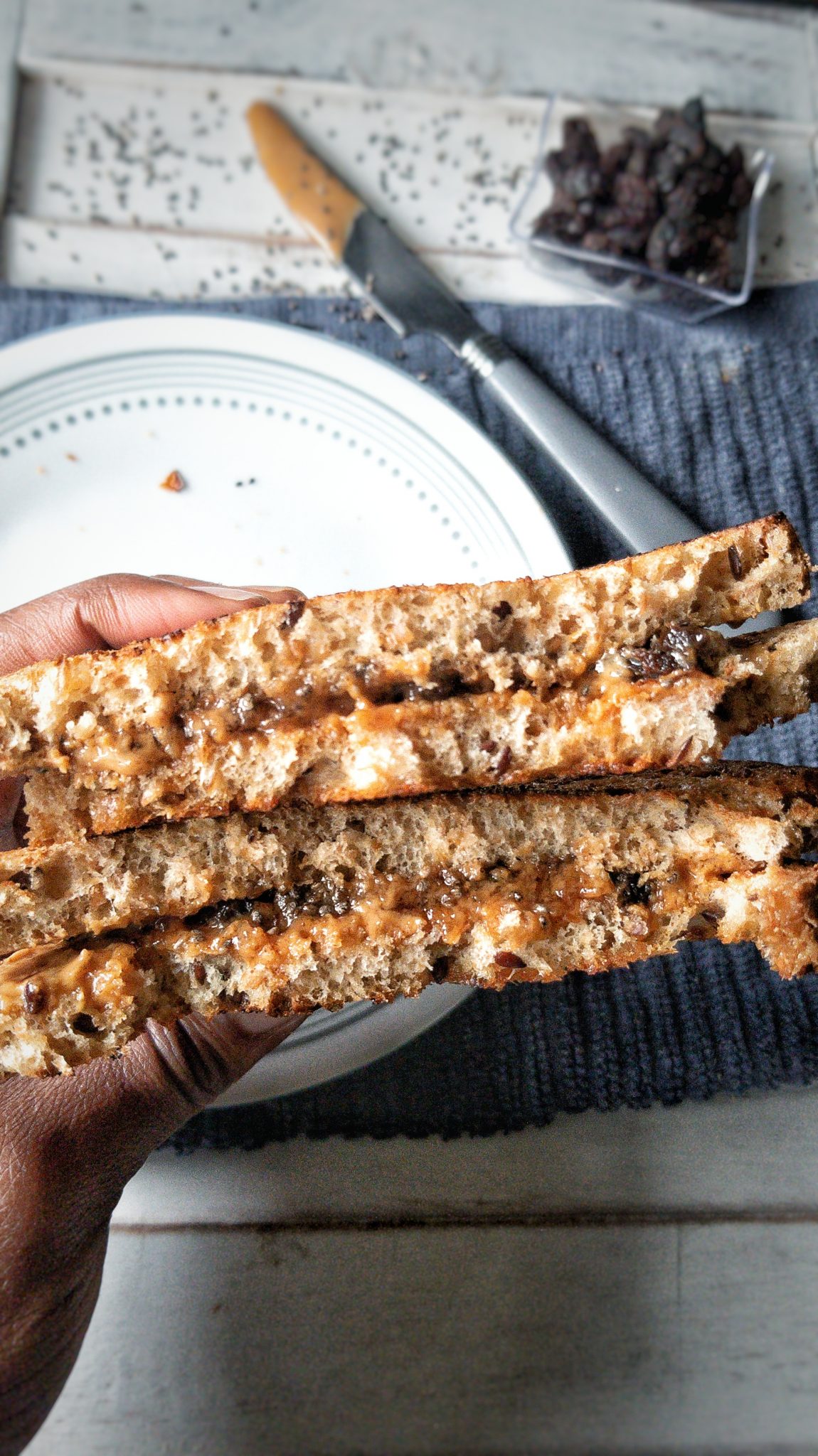 Peanut butter and jelly sandwiches with raisins.