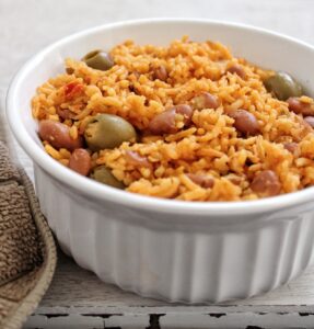 Puerto Rican arroz con habichuelas in a small bowl