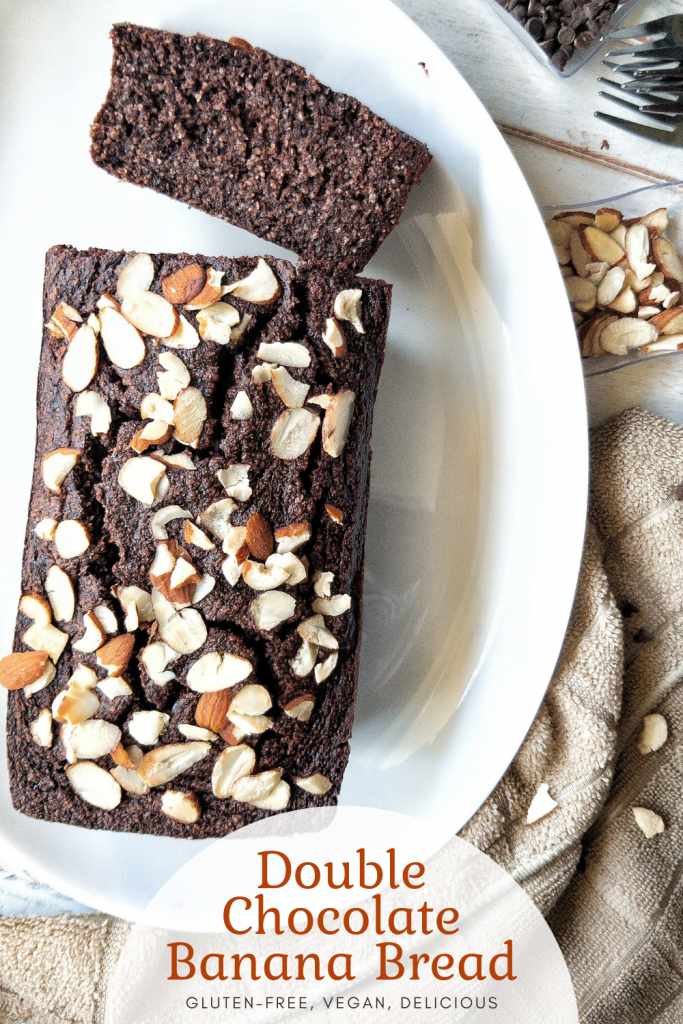 Pin image for gluten-free, vegan, delicious, double chocolate banana bread with almonds