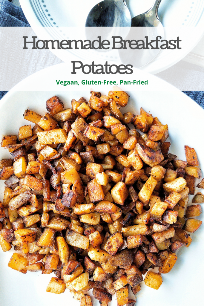 Pinnable image for Pinterest of homemade breakfast potatoes in white platter