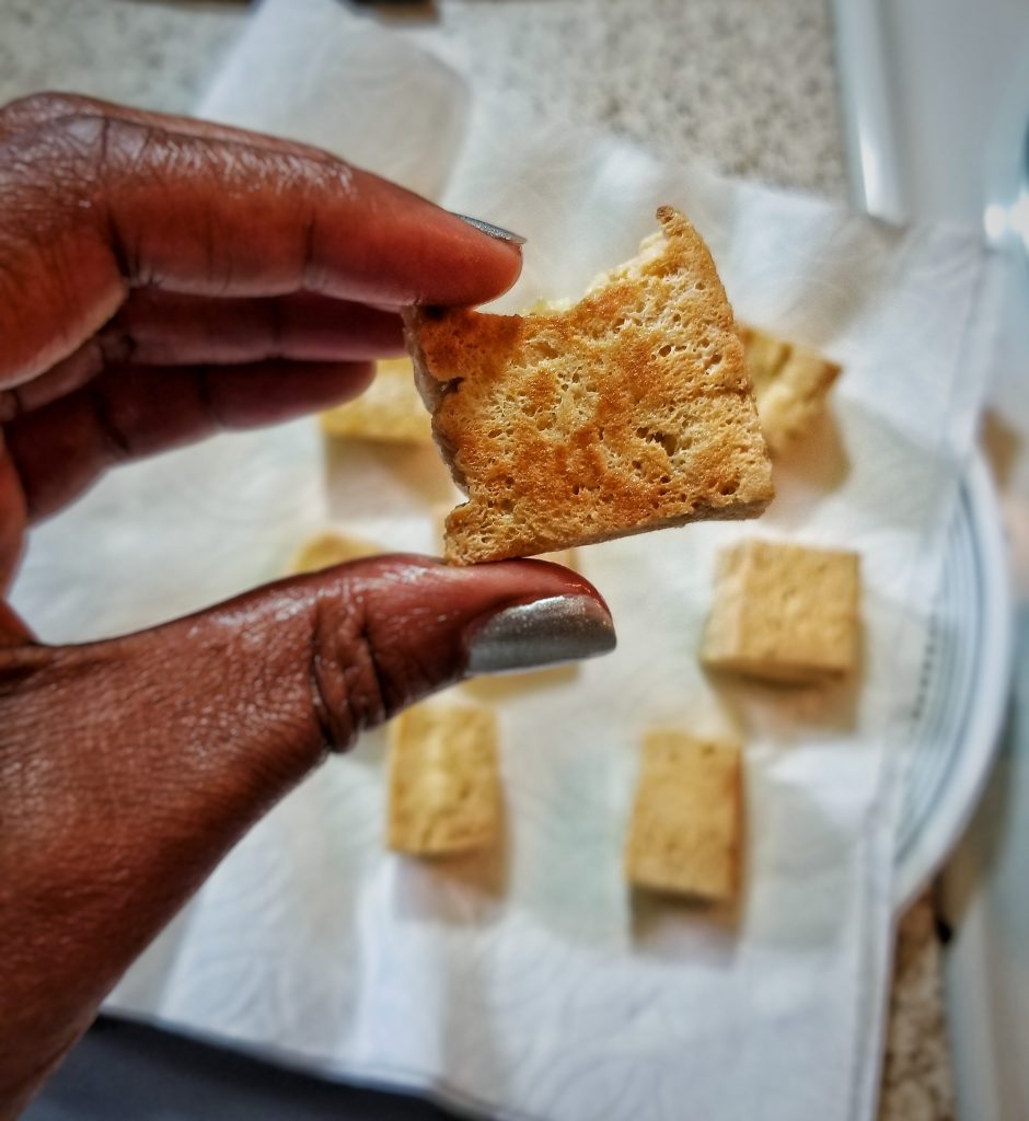 Up close look at tofu's structure after frozen, thawed, and then cooked 