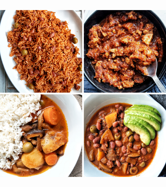 Collage with food dishes using sofrito. First image a platter with a of Puerto Rican yellow rice cooked with beans and olives. Second image a bowl of sofritas with a spoon. Third image a side of white rice and a mushroom, carrot, and potato stew. Fourth image with a bean stew or "habichuelas guisadas" with side of sliced avocado. 