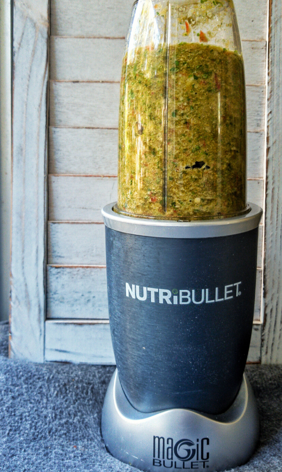 Sofrito being blended in a Nutribullet blender 