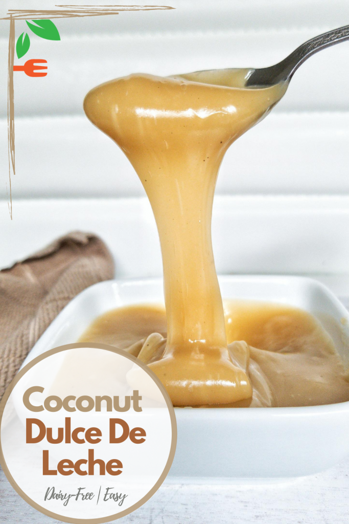 Pinnable for Pintrest. Close up to dulce de leche being poured into a small, white dish.