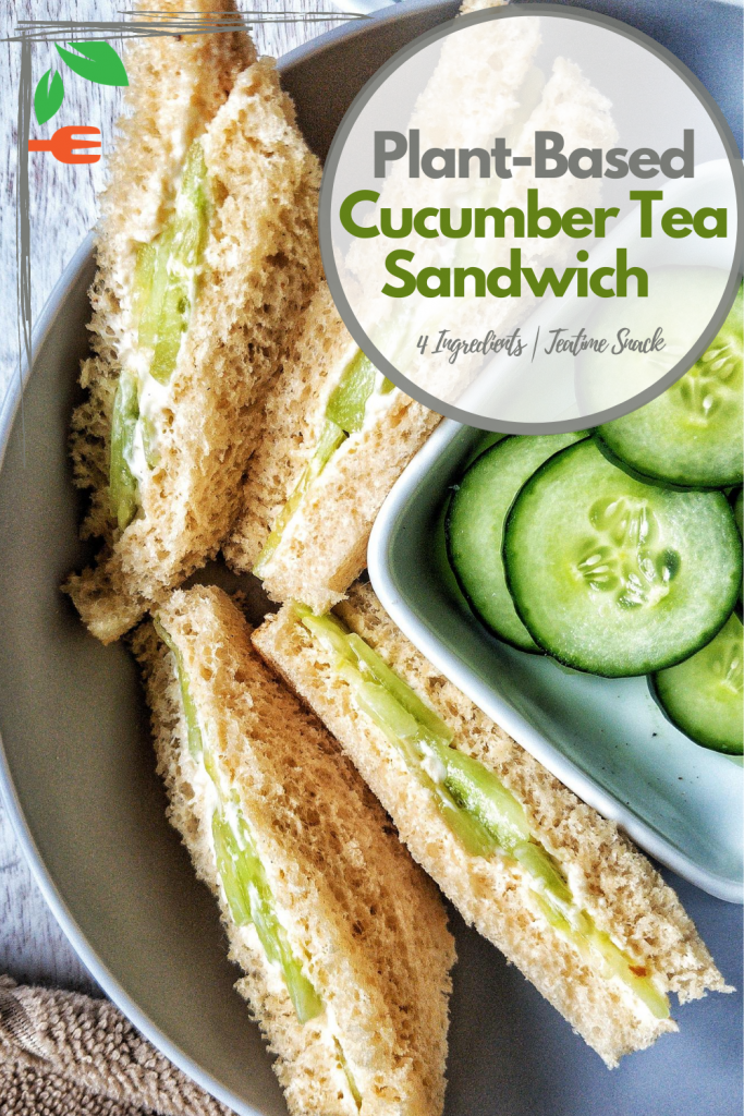 Pinnable for Pinterest. Four, small cucumber tea sandwiches with a side of sliced cucumbers