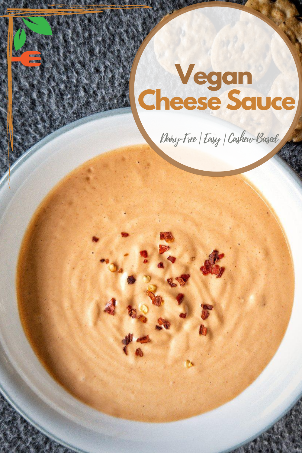 Pinnable for Pinterest. Vegan, cashew-based cheese sauce in a white bowl. 