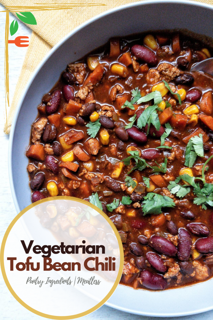 Pinnable for Pinterest. Vegetarian tofu bean chili in a gray large gray bowl.