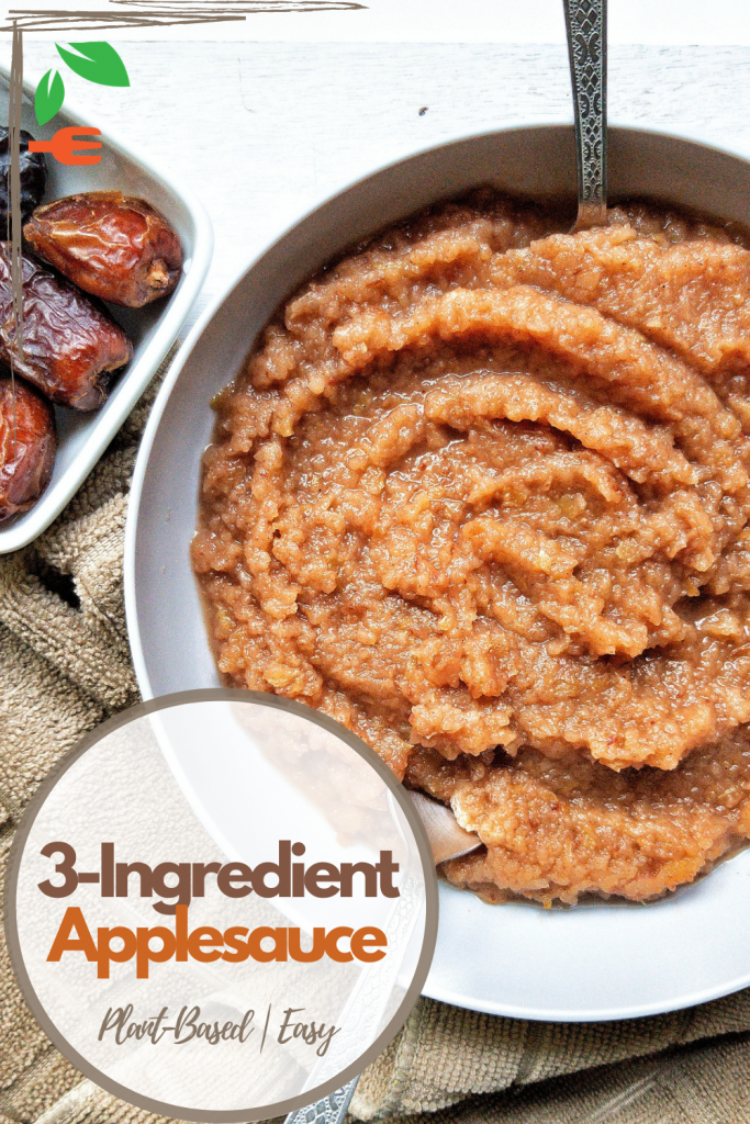 Pinnable for Pinterest. Bowl of homemade applesauce with a side of dates.