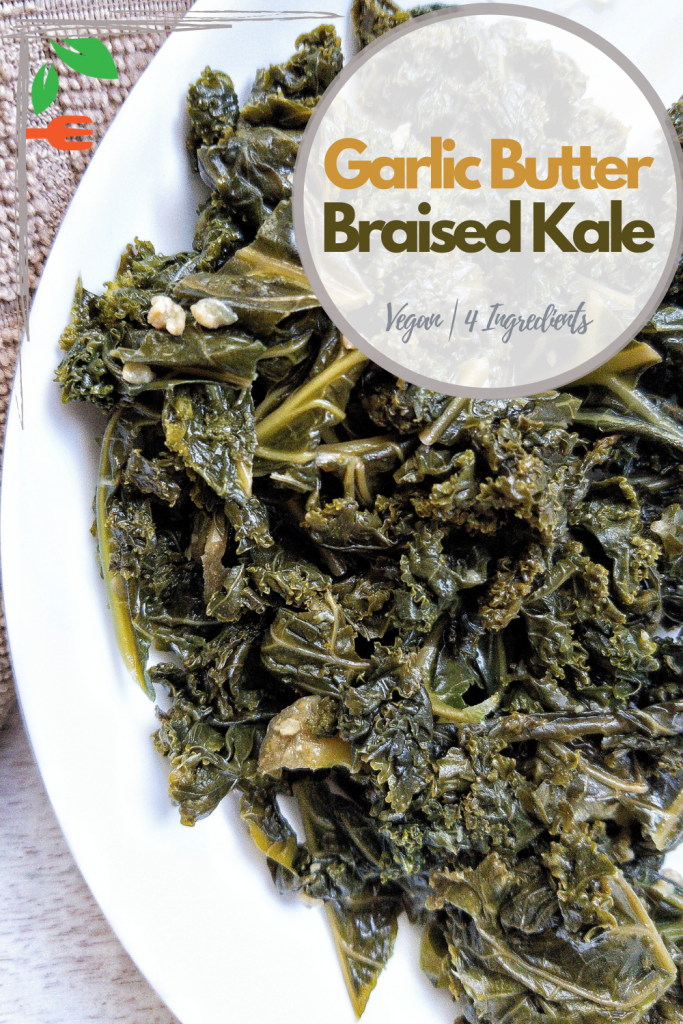 Pinnable for Pinterest. Braised kale on a white platter.