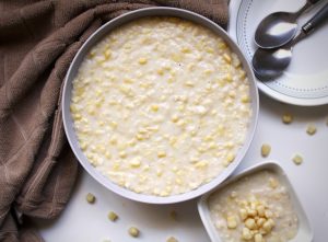 Vegan creamed corn with a small serving on the side