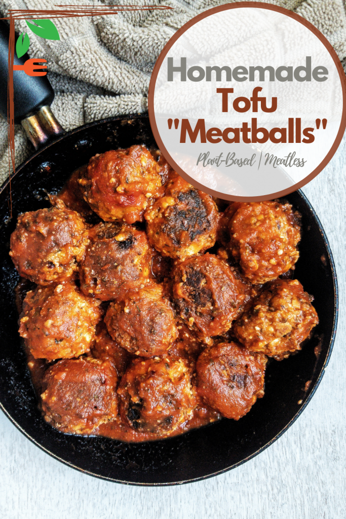 Pinnable for Pinterest. Vegan tofu meatballs in a skillet.