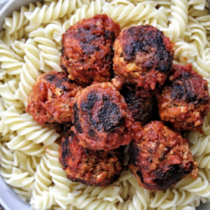 Stovetop tofu meatballs with pasta.