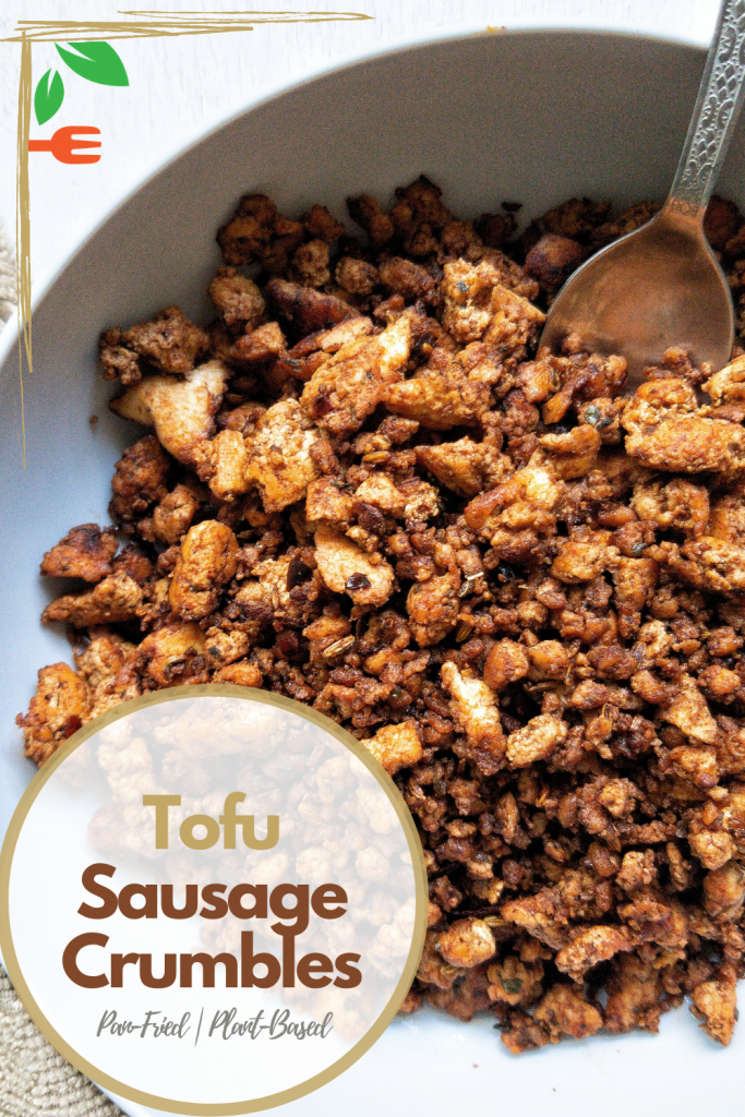 Pinnable for Pinterest. White bowl with tofu sausage crumble