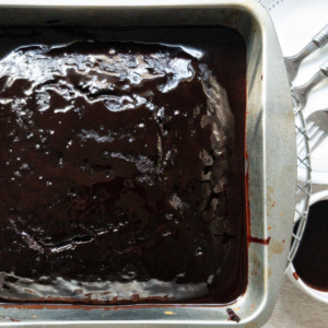 Vegan chocolate Devil's food cake in a metal cake pan