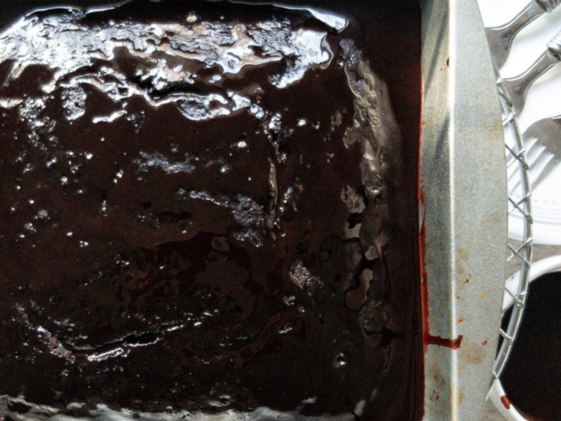 Vegan chocolate Devil's food cake in a metal cake pan