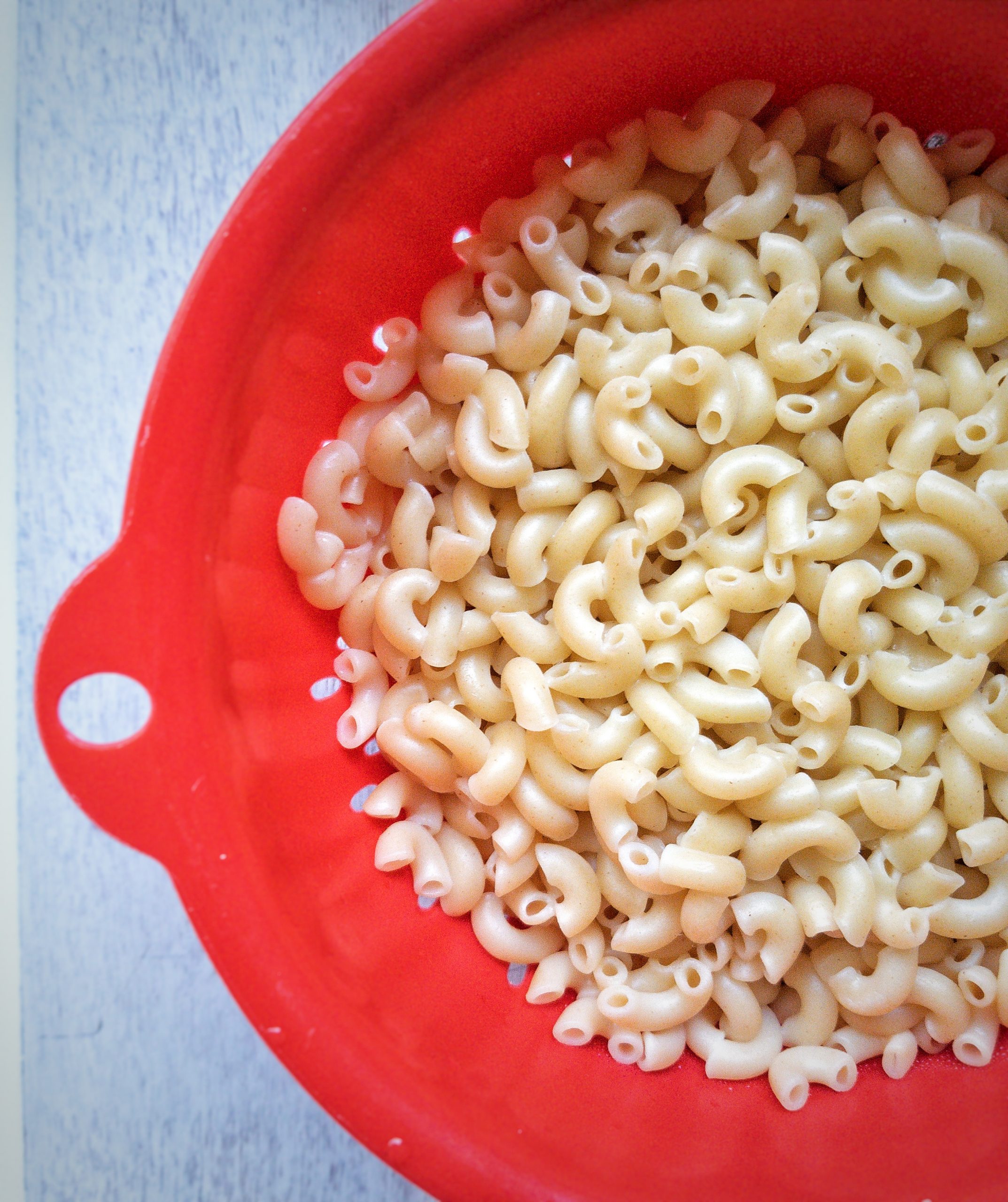 Drained, boiled elbow macaroni pasta in a colander.