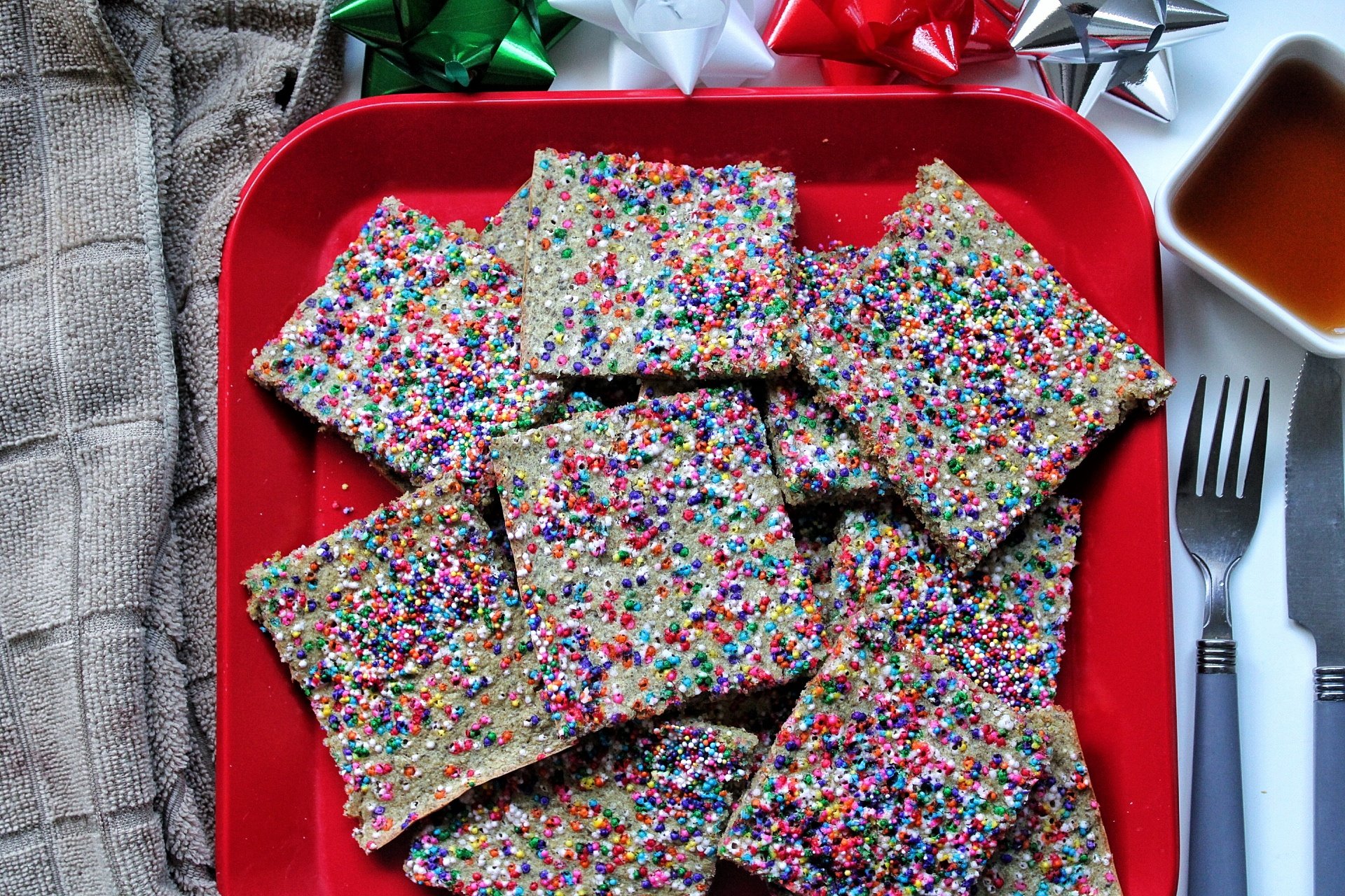 Sheet pan pancakes with rainbow sprinkles