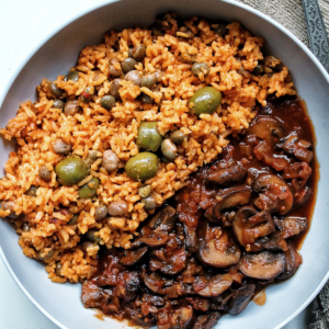 Tomato braised mushroom with Puerto Rican rice