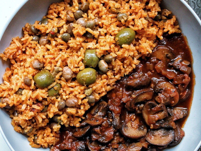 Tomato braised mushroom with Puerto Rican rice