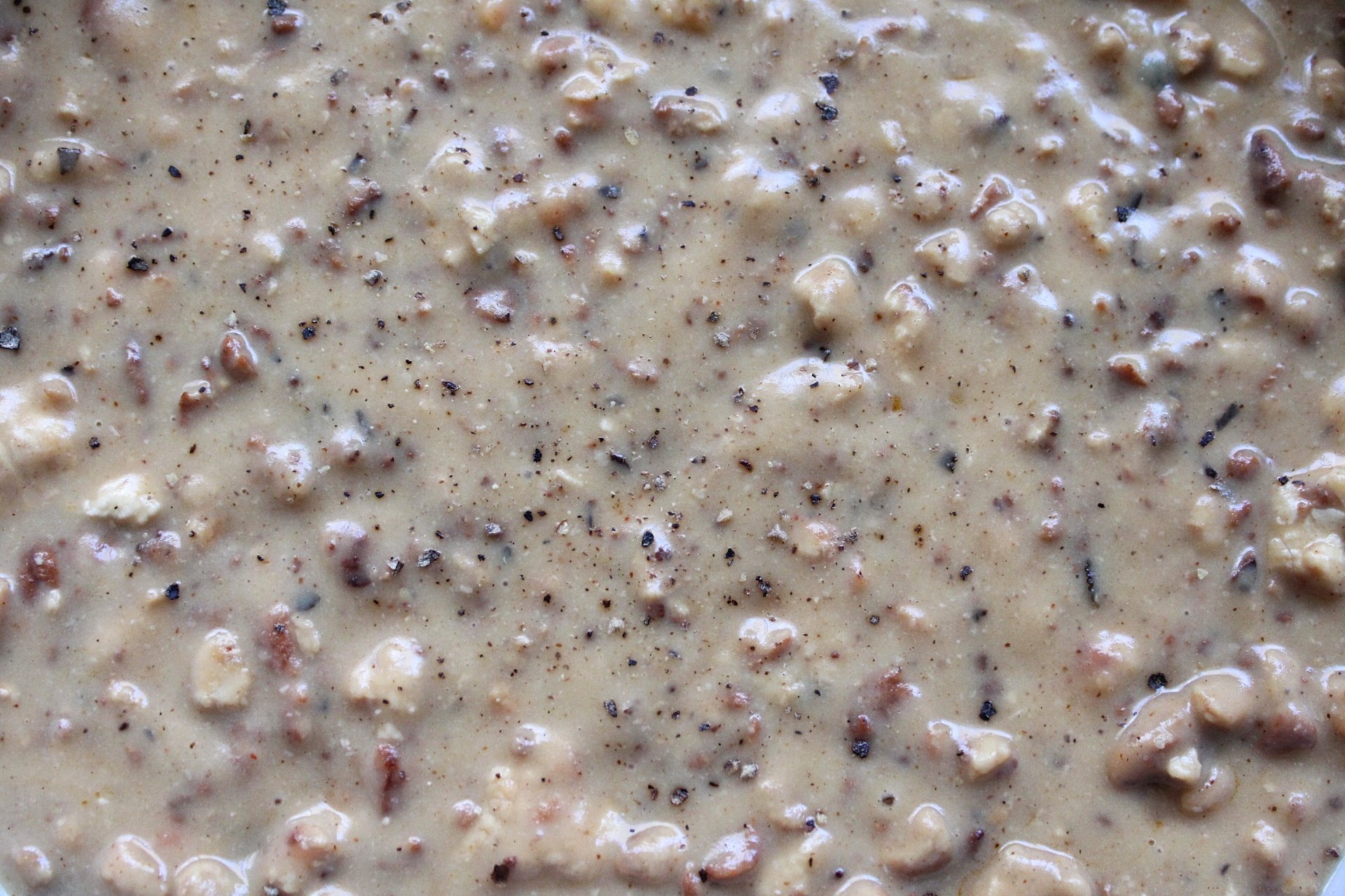 Close-up of meatless tofu sausage gravy