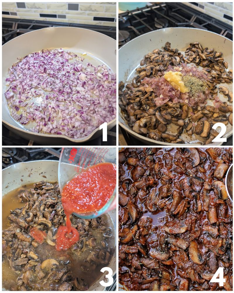 Collage with step by step instructions on how to make braised mushrooms with tomato sauce and mushroom broth.
