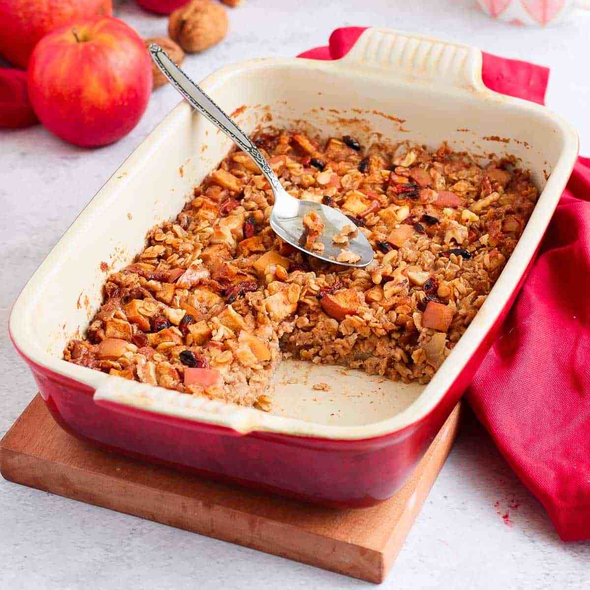 Apple cinnamon baked oatmeal in a baking dish