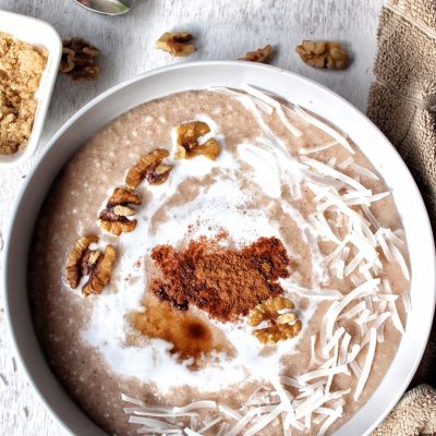 Cream of rice topped with walnuts and shredded coconut