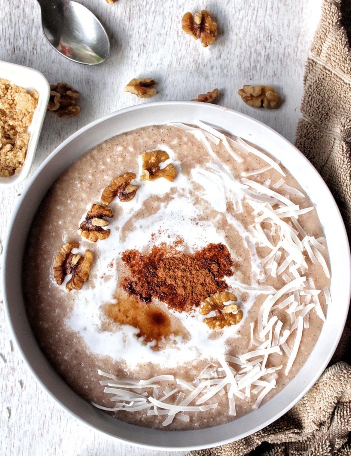 Cream of rice topped with walnuts and shredded coconut