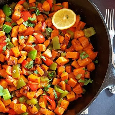 Savory sweet potato hash in a skillet