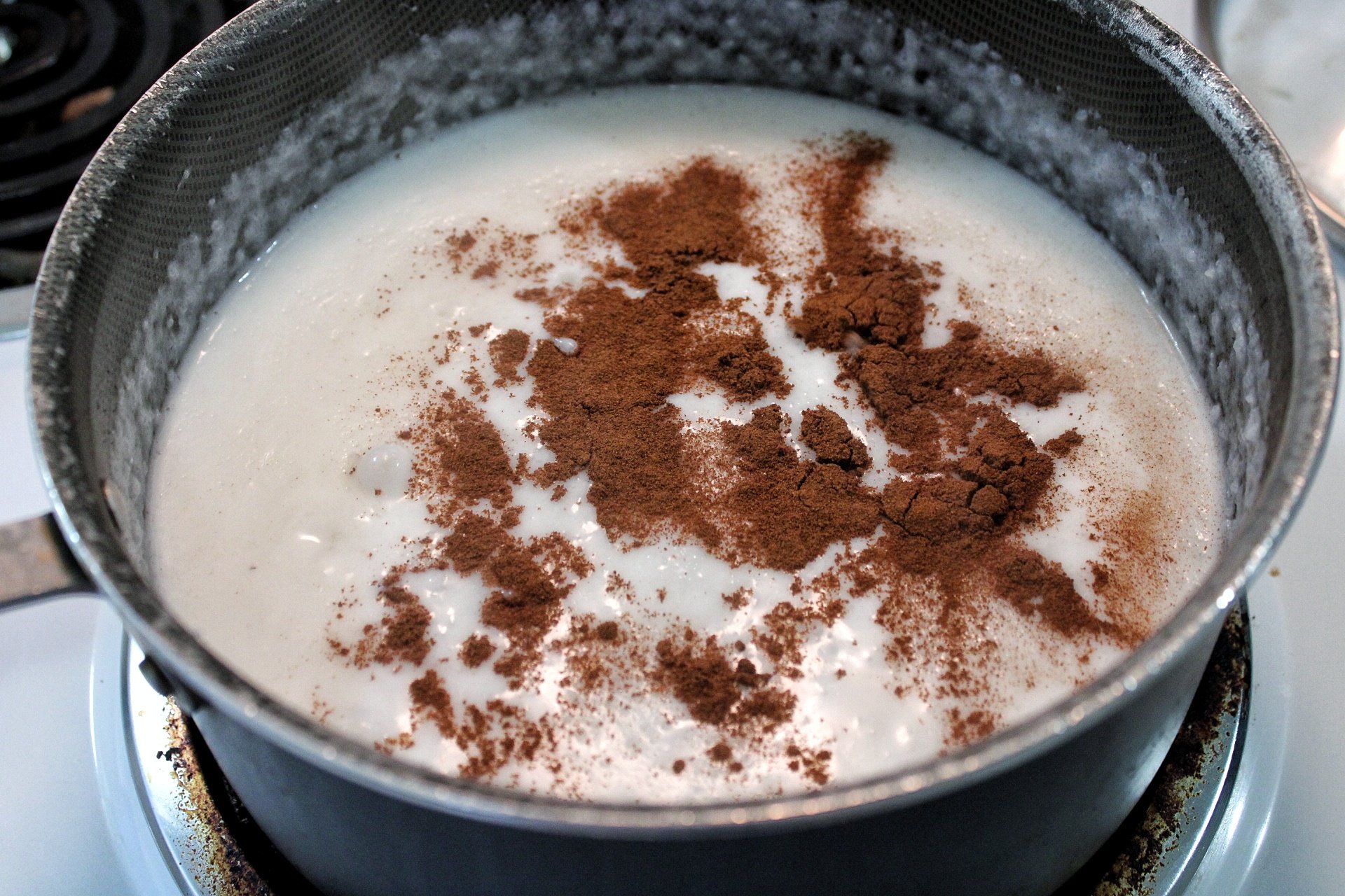 Rice pudding in a saucepan with powdered cinnamon 