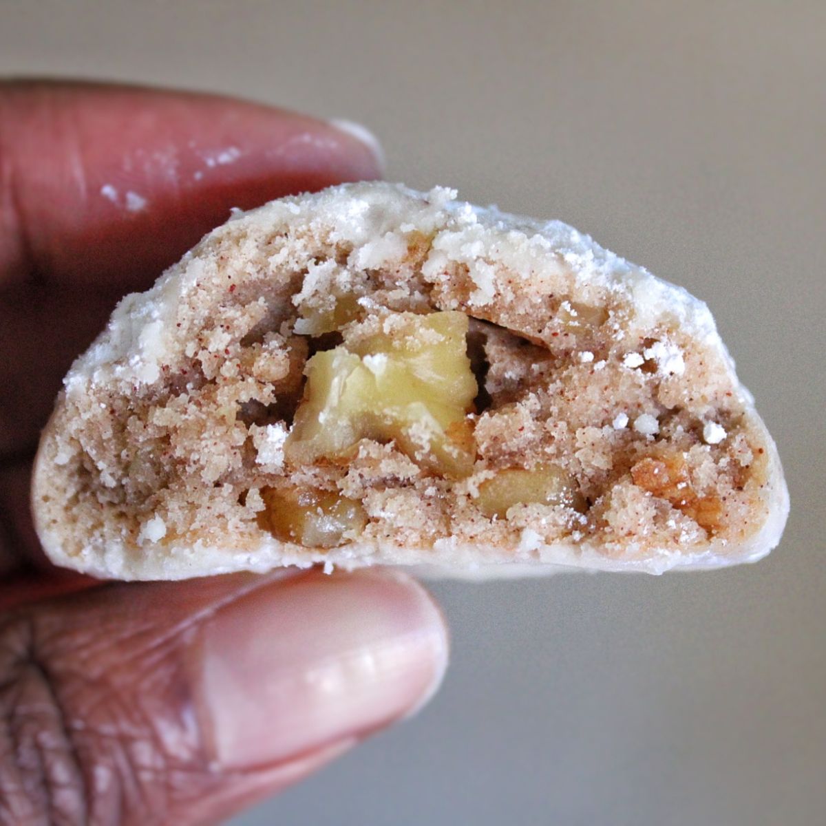 The inside of a vegan snowball cookie.