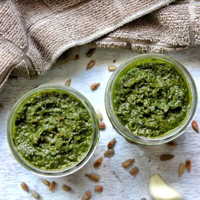 Two 4-ounce canning jars with vegan pesto