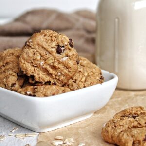 Peanut butter oatmeal cookies with a side of vegan milk